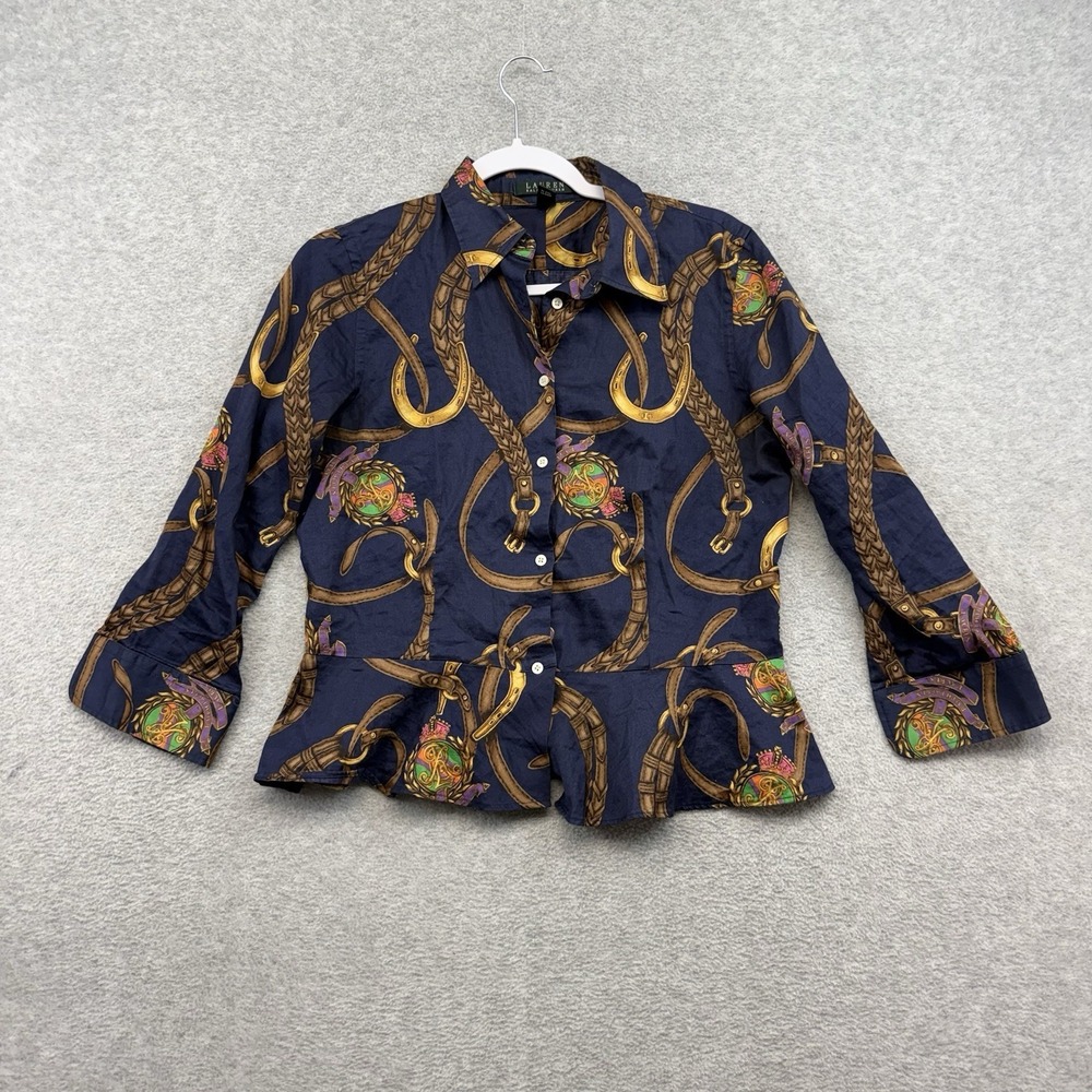 Lauren Ralph Lauren Shirt Womens 8 Black Equestrian‎ Bits Bridle Print Button Up